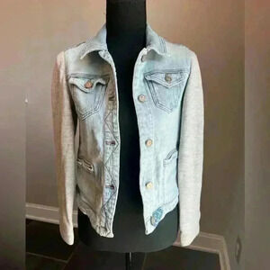 Anthropologie Pilcro Sweatshirt-Sleeve Denim Button Jacket w Embroidery  XS